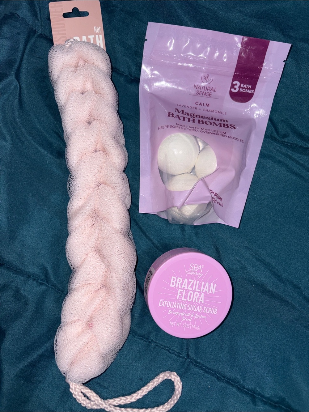 Bath Bundle - Calm Magnesium Bath Bombs, Pink Exfoliating Scrub & Bath strap